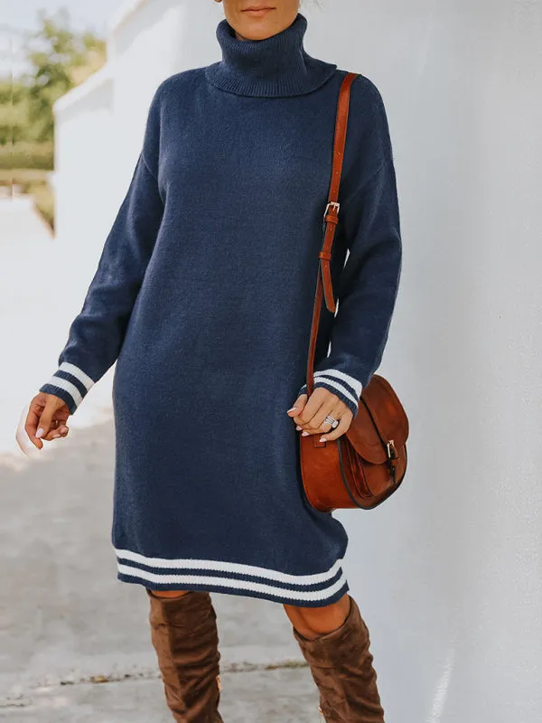 Turtleneck Knitted Mini Dress with Stripe Accents