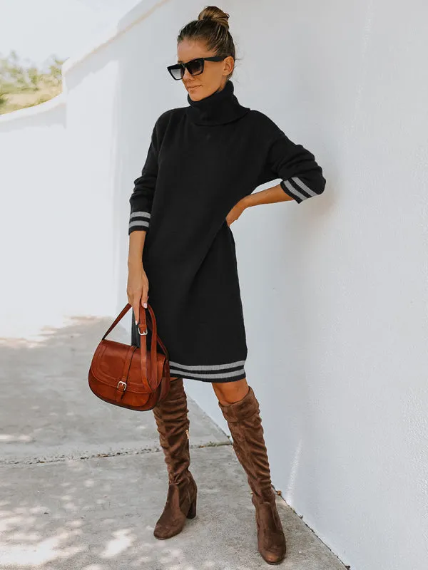 Turtleneck Knitted Mini Dress with Stripe Accents