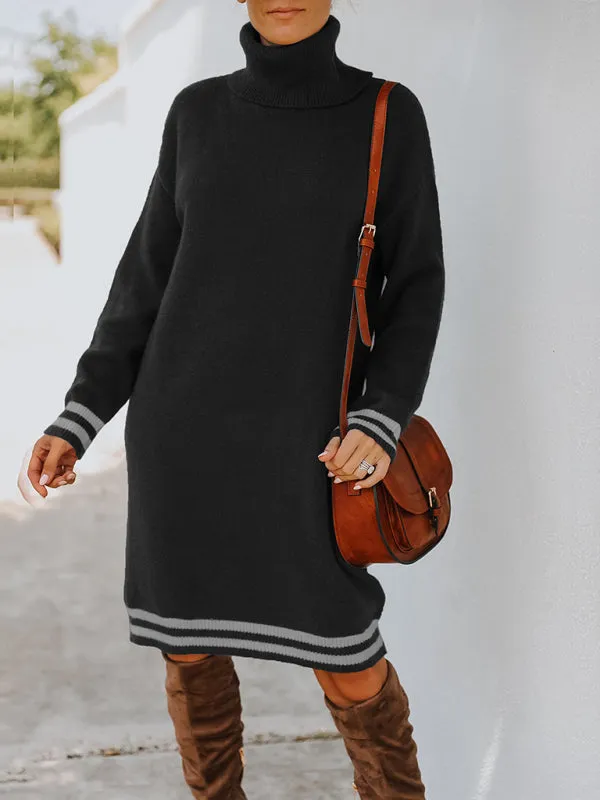 Turtleneck Knitted Mini Dress with Stripe Accents
