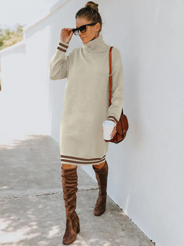 Turtleneck Knitted Mini Dress with Stripe Accents