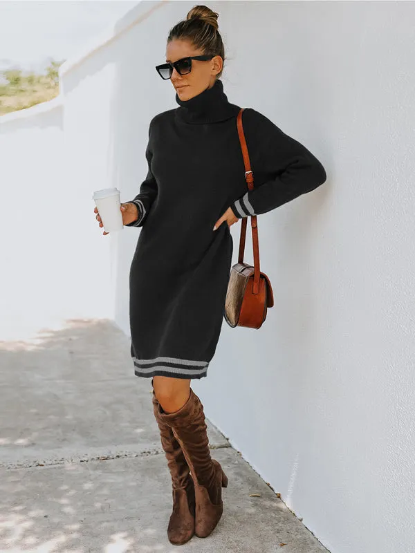 Turtleneck Knitted Mini Dress with Stripe Accents
