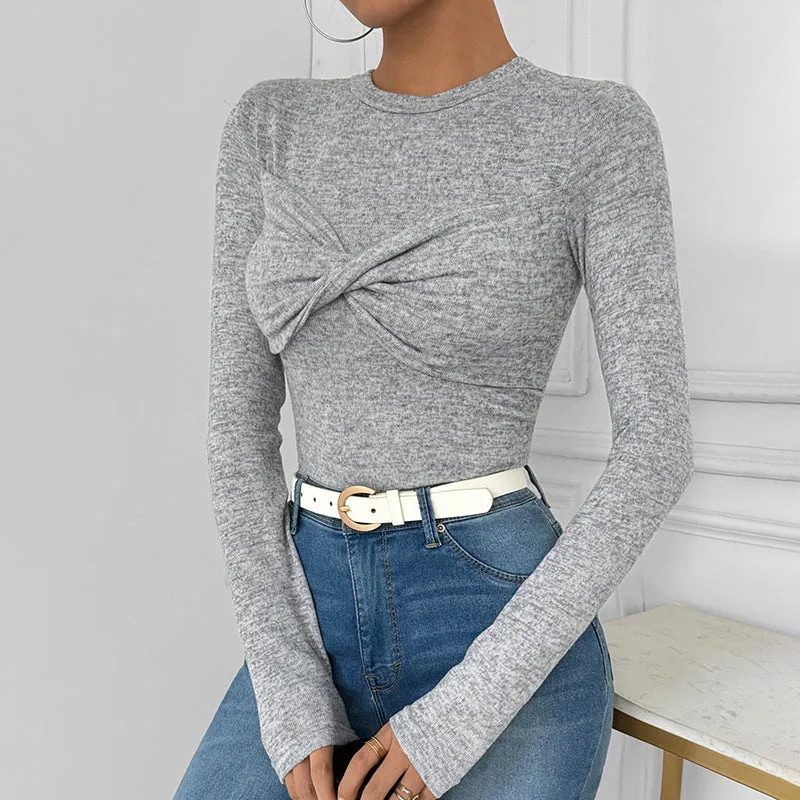 Twist-Front Solid Long-Sleeve Fitted Top for Everyday Elegance