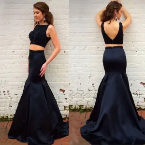 Two Pieces Satin Prom Dress, Beaded V-Back Sleeveless Mermaid Prom Dress, D812