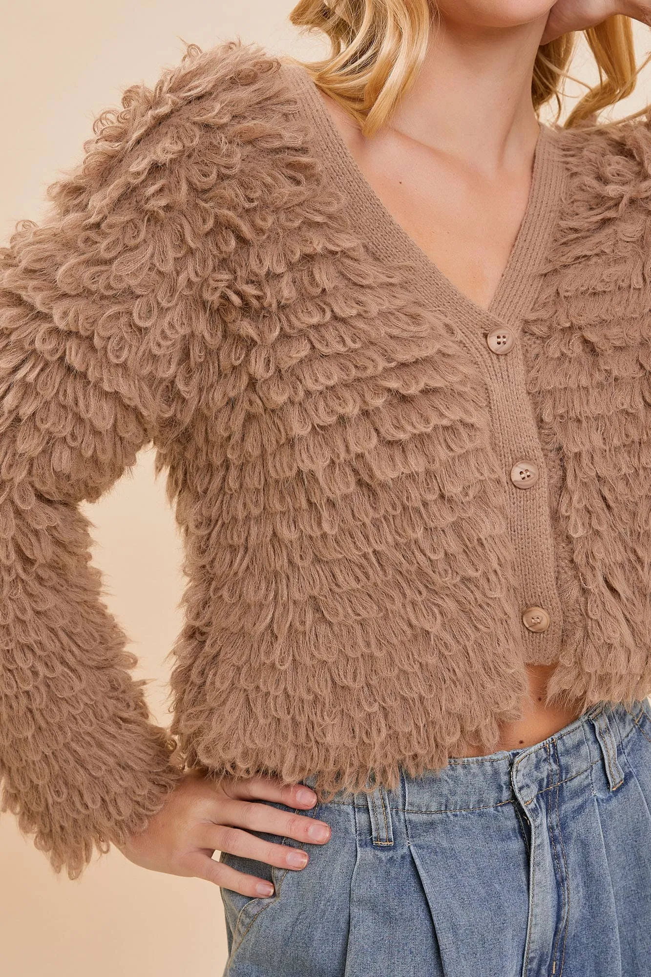 V-NECK FUZZY KNIT CARDIGAN