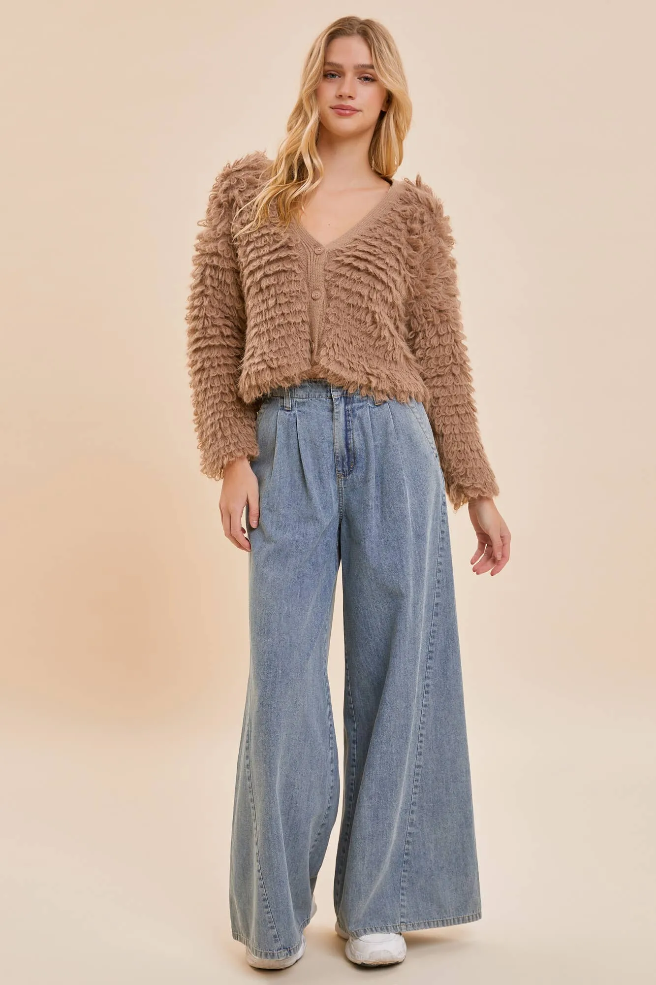 V-NECK FUZZY KNIT CARDIGAN