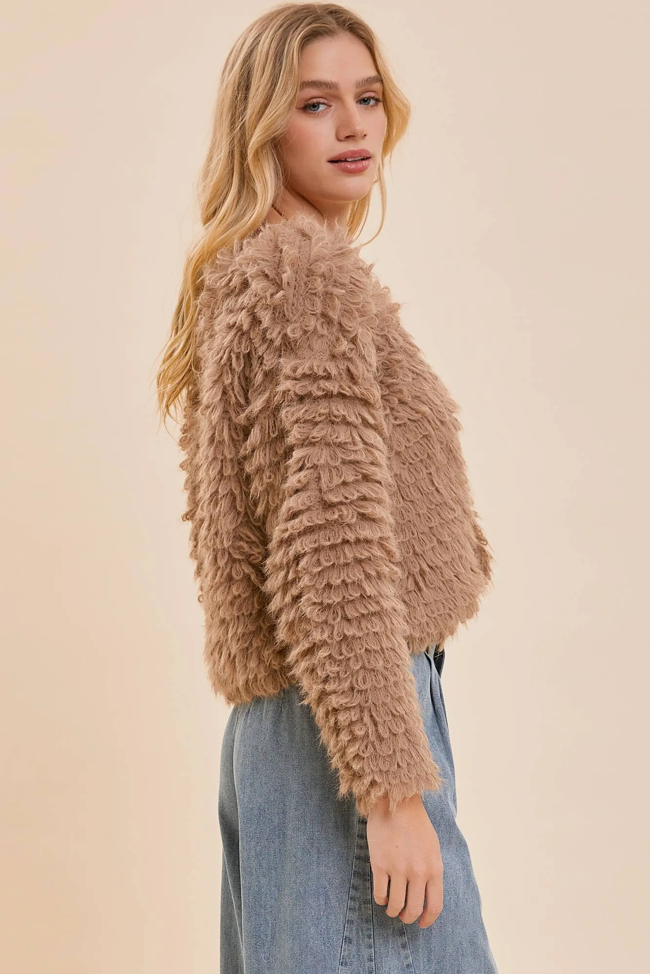 V-NECK FUZZY KNIT CARDIGAN