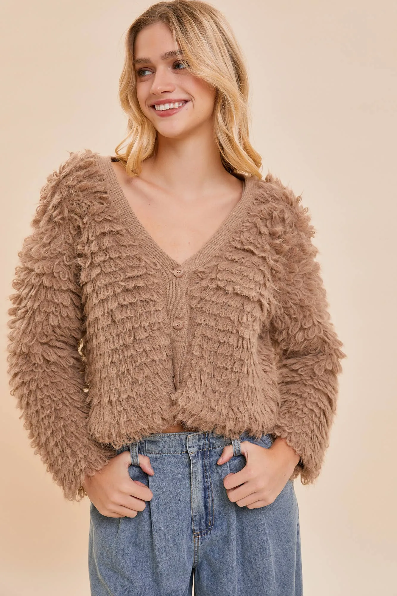 V-NECK FUZZY KNIT CARDIGAN