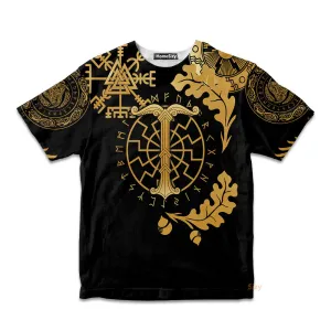 Viking Oak Leaf Valknut Vegvisir With Irminsul - Gold Kid Tshirt QT306164Hf