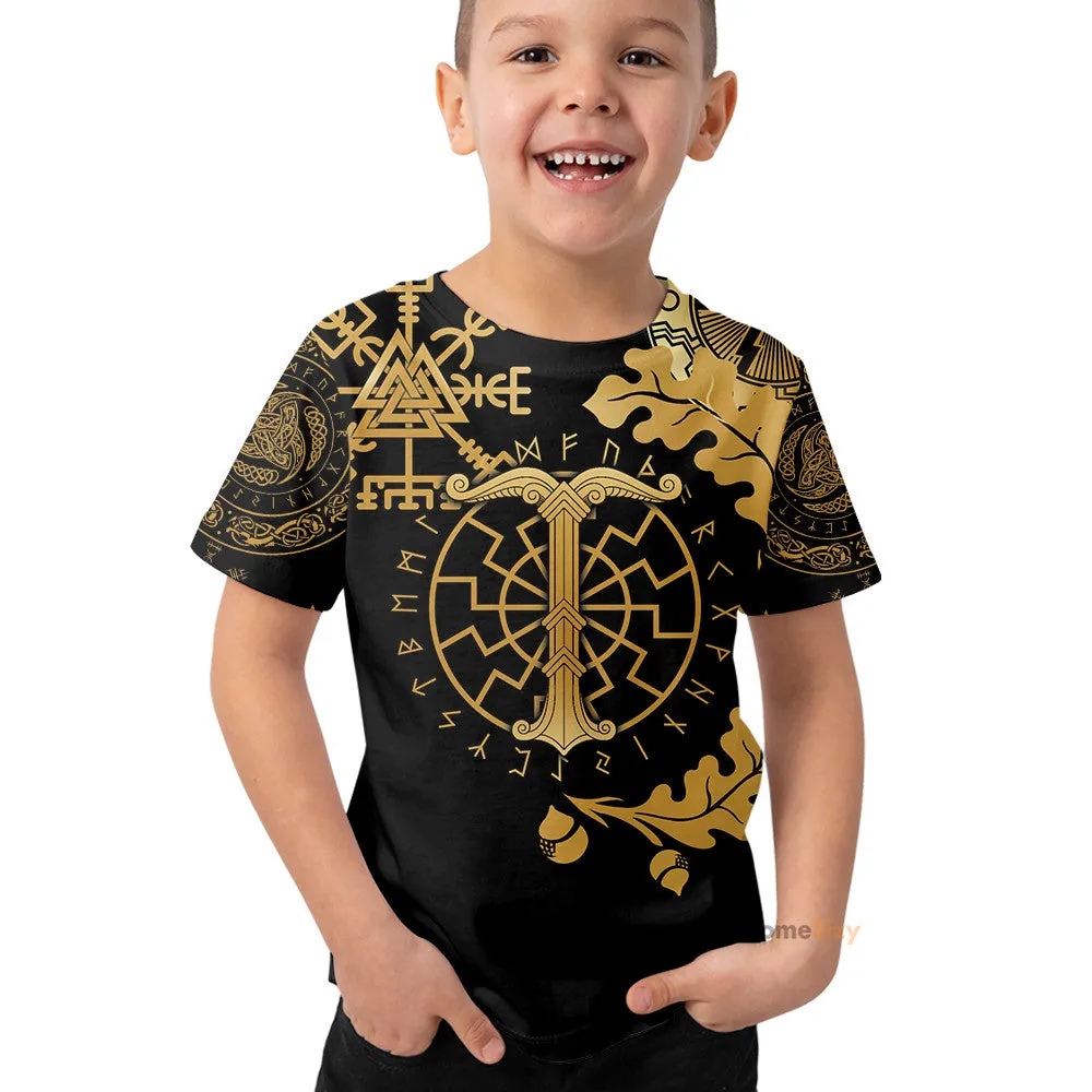 Viking Oak Leaf Valknut Vegvisir With Irminsul - Gold Kid Tshirt QT306164Hf