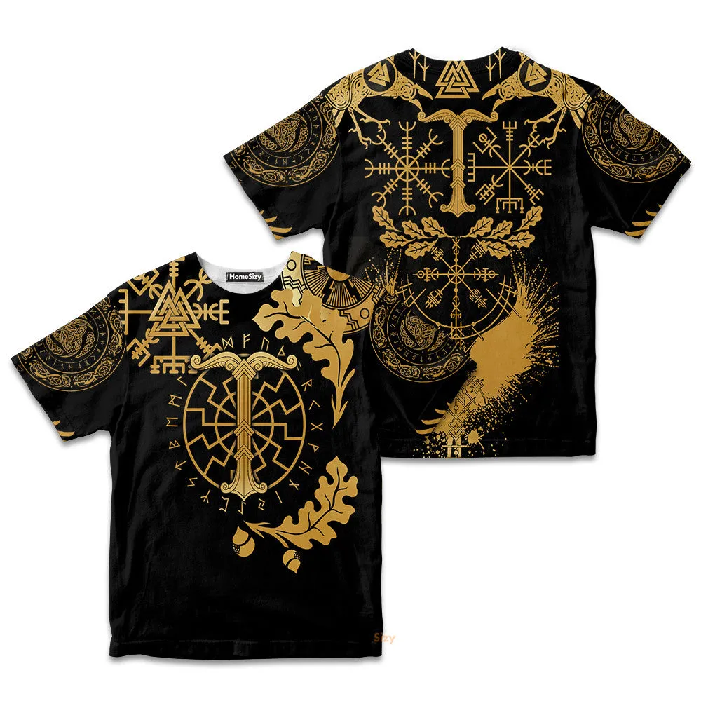 Viking Oak Leaf Valknut Vegvisir With Irminsul - Gold Kid Tshirt QT306164Hf