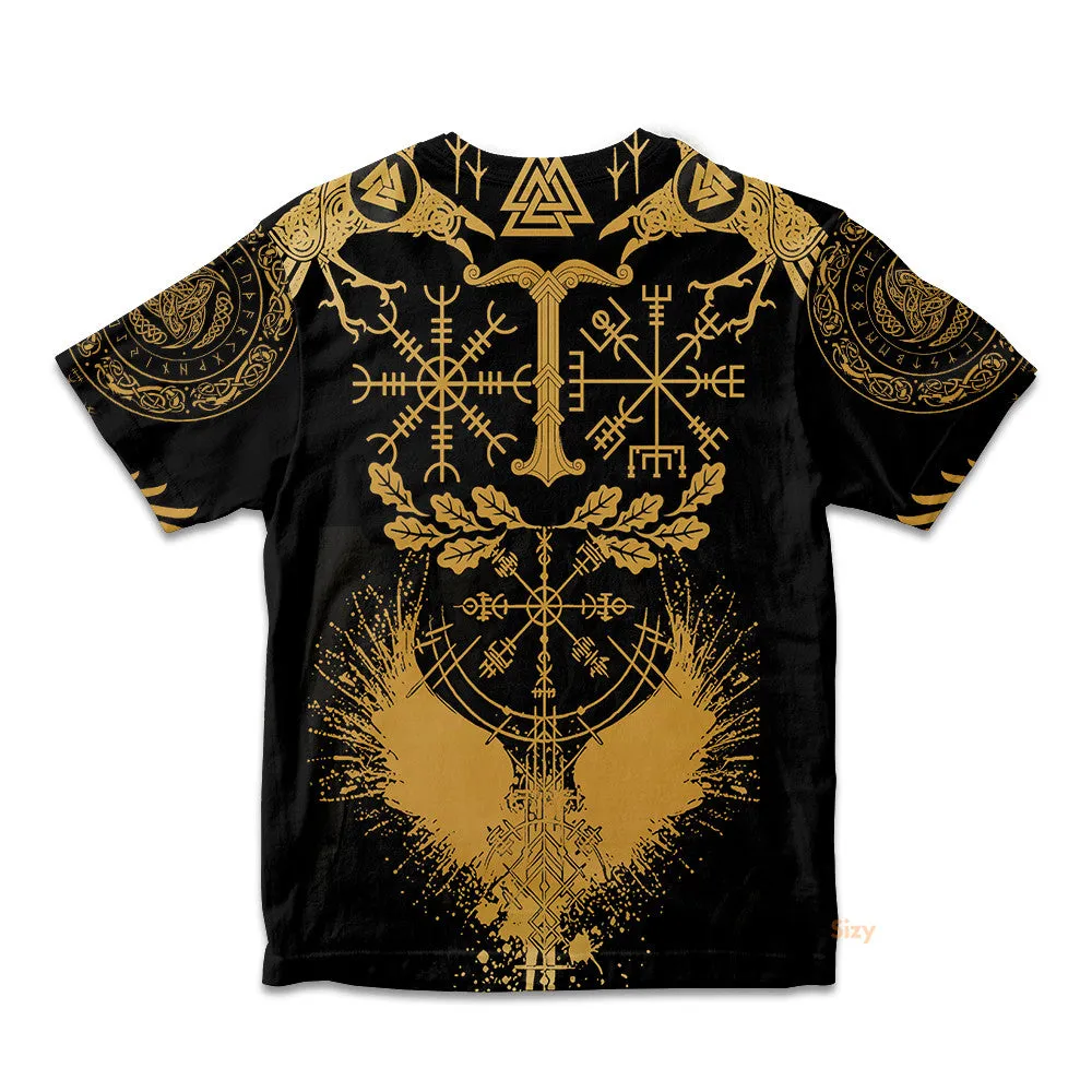 Viking Oak Leaf Valknut Vegvisir With Irminsul - Gold Kid Tshirt QT306164Hf