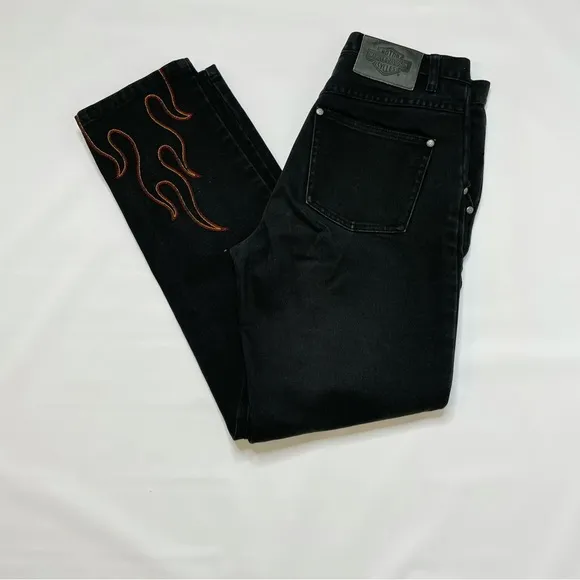 Vintage Harley Davidson Embroidered Flame Jeans Rare