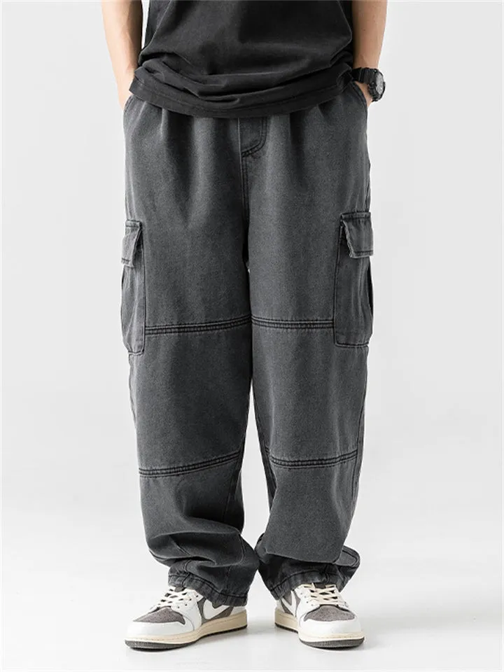 Vintage Spring New Male Washed Pockets Drawstring Jeans