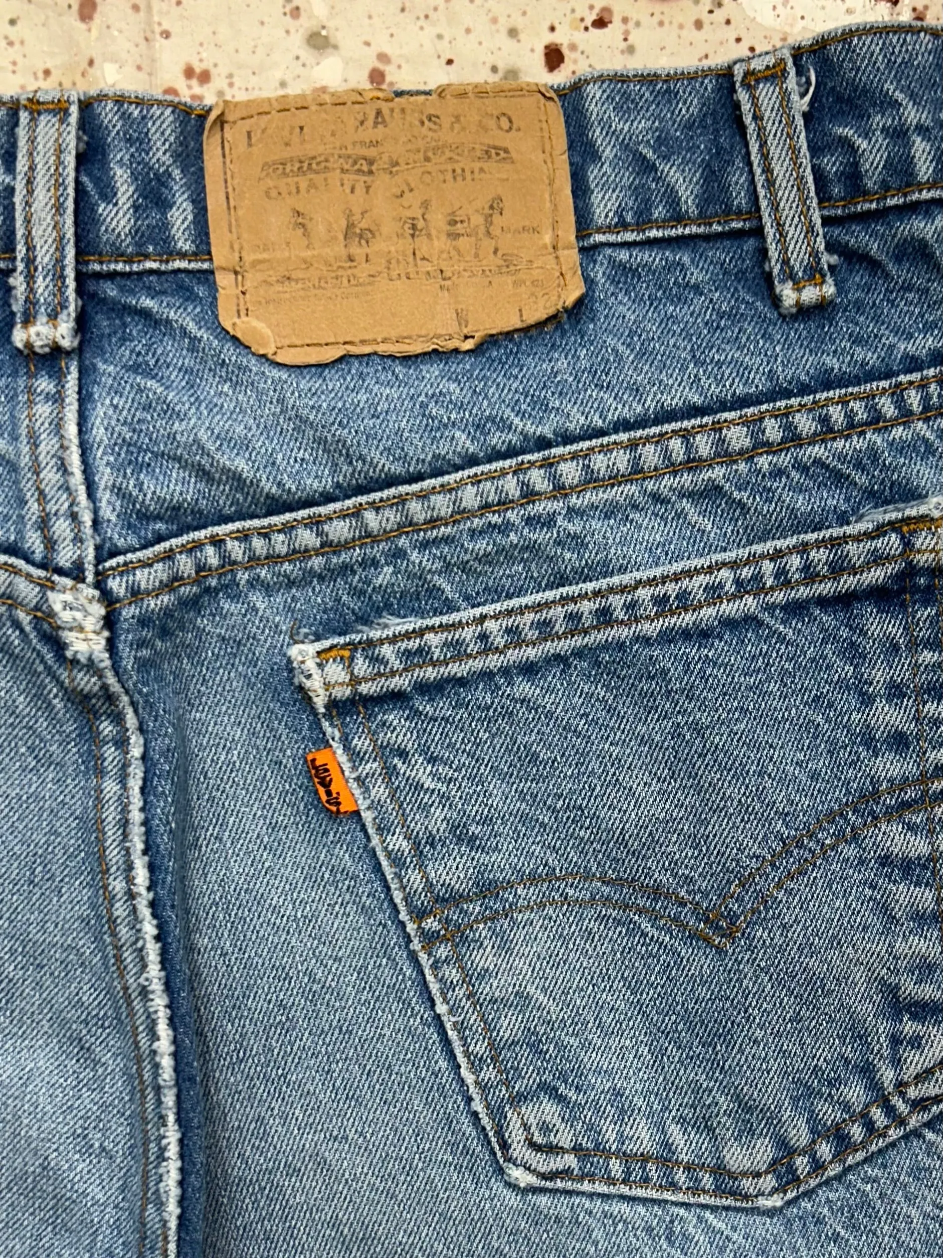 Vintage USA Levi 517 Orange Tab Premium Wash Denim Jeans w/ Feathers, 70's Talon 42 zip(JYJ0924-290)