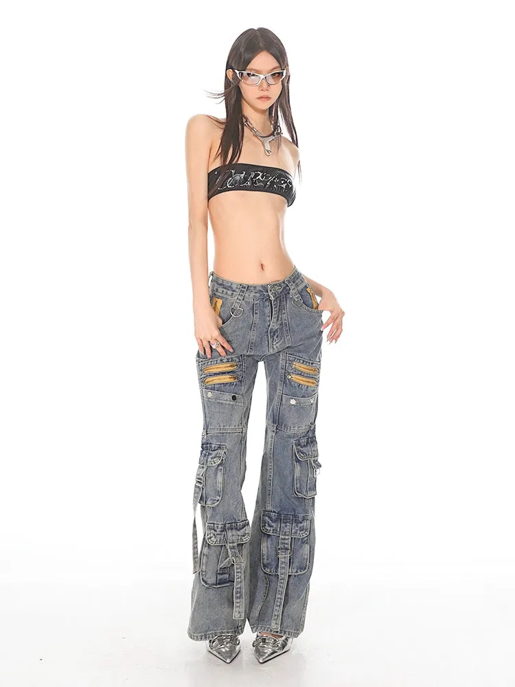 Vintage Wash Utility Cargo Flare Jeans