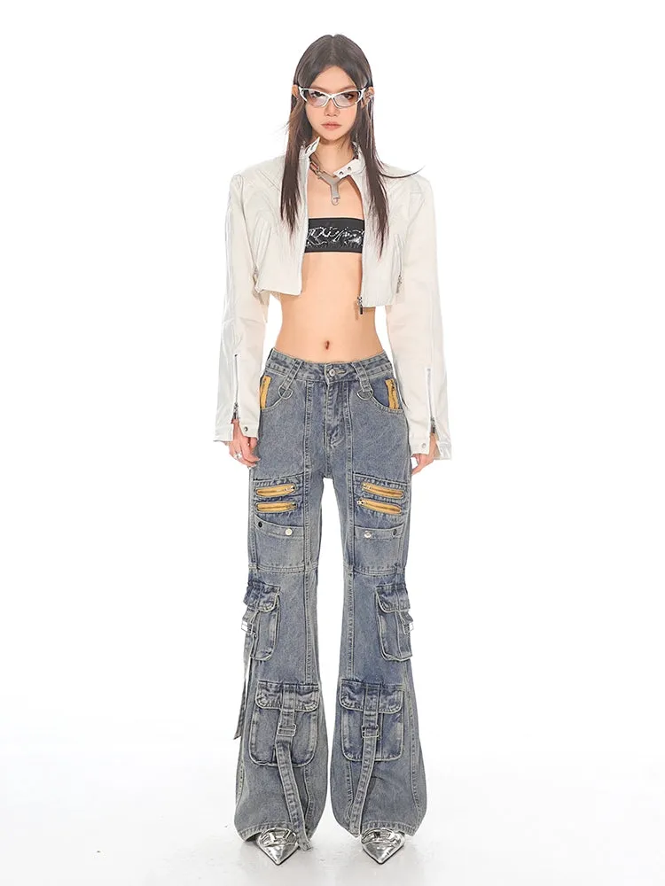 Vintage Wash Utility Cargo Flare Jeans