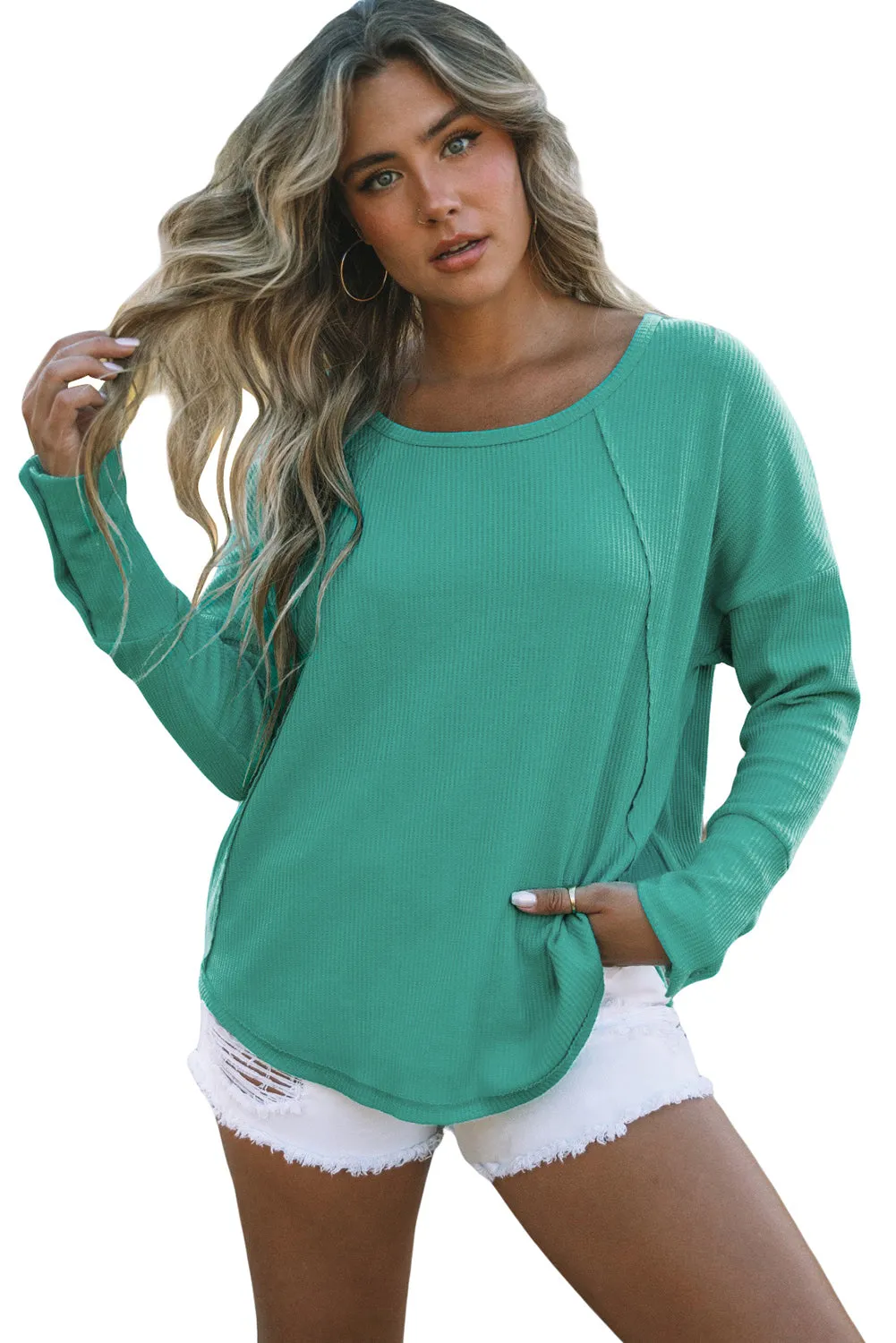 Waffle Knit Splicing Buttons Long Sleeve Top