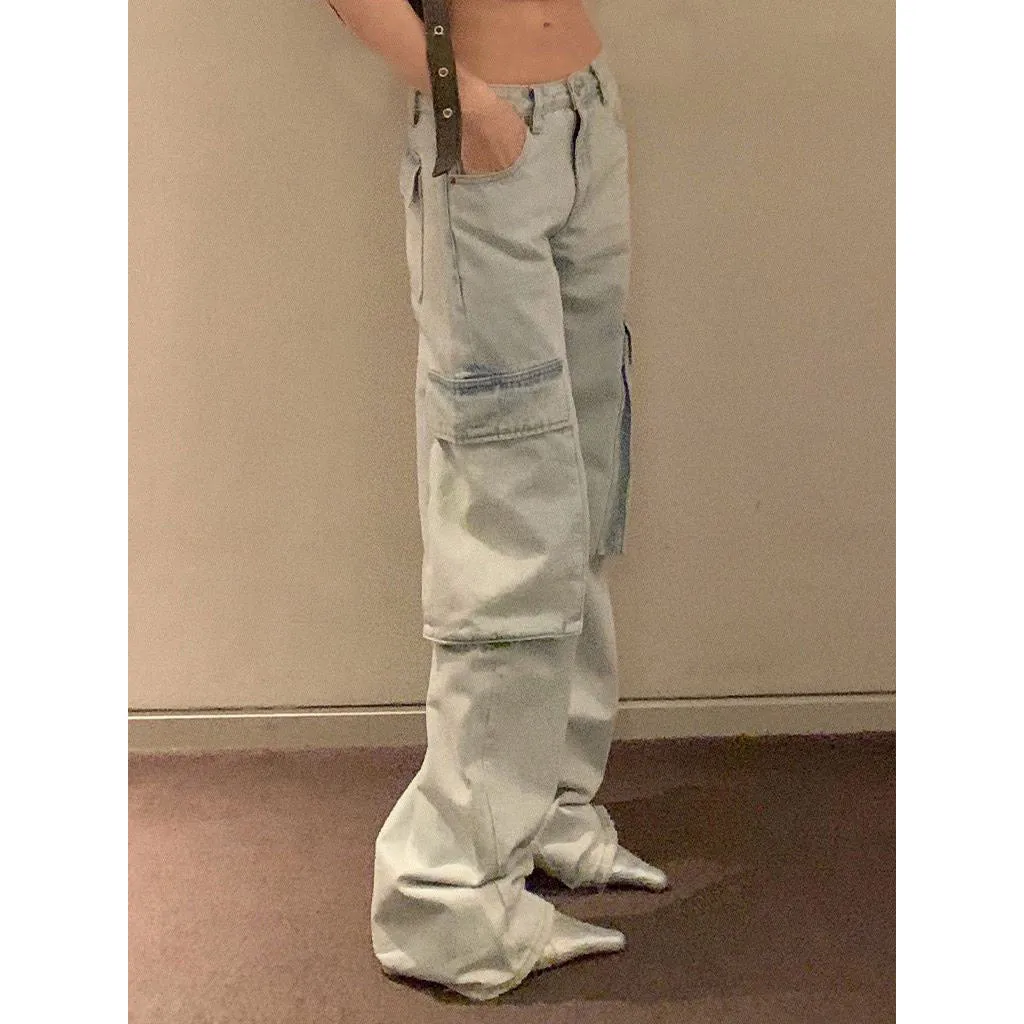 Washed Big Pocket Moping Cargo Jeans