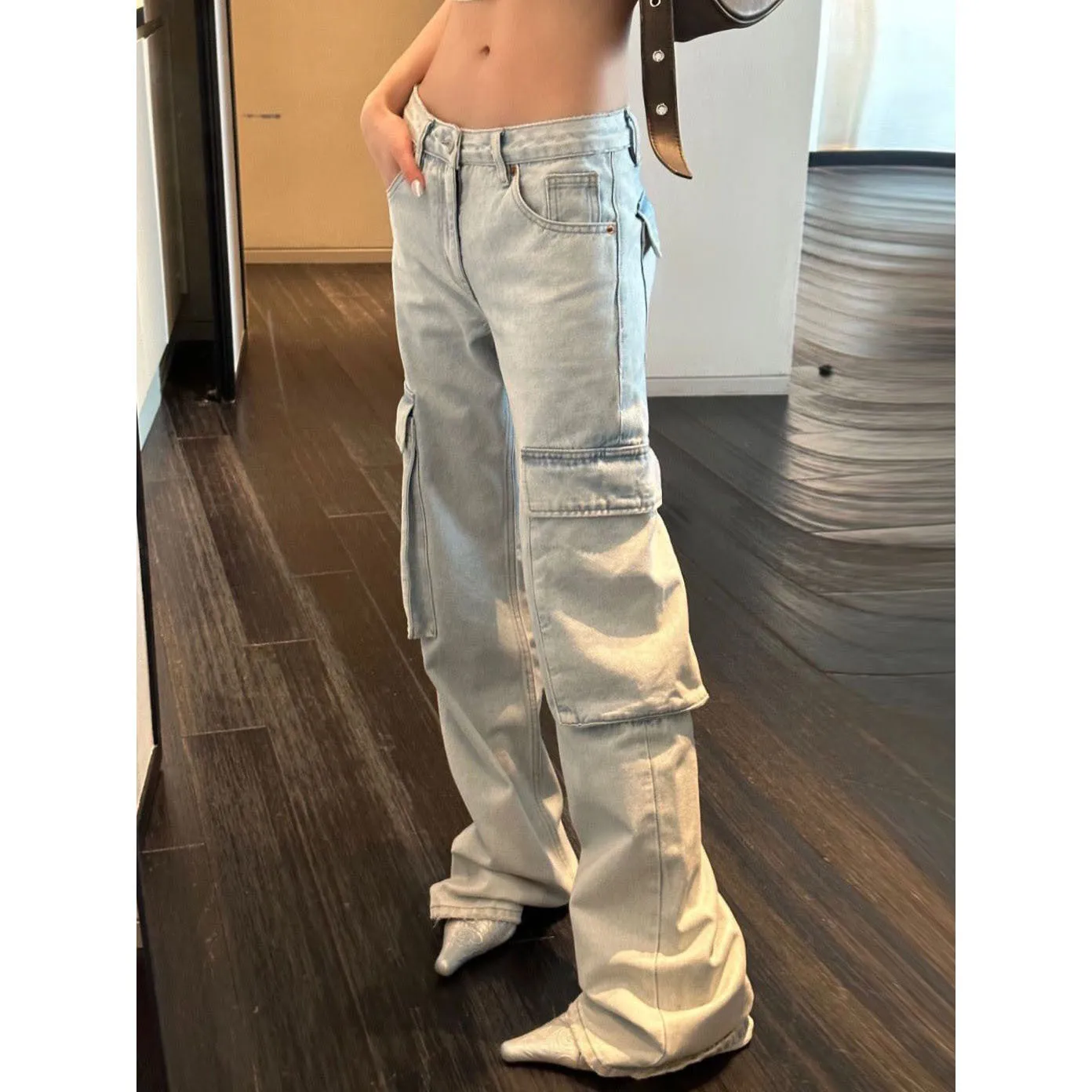Washed Big Pocket Moping Cargo Jeans