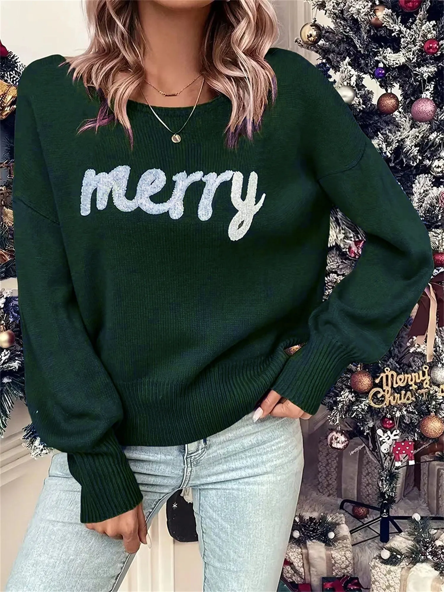 Women Christmas Cute Sweaters Casual Letter Embroidery Comfy Warm Long Sleeve Pullover Basic Knitwear for Streetwear
