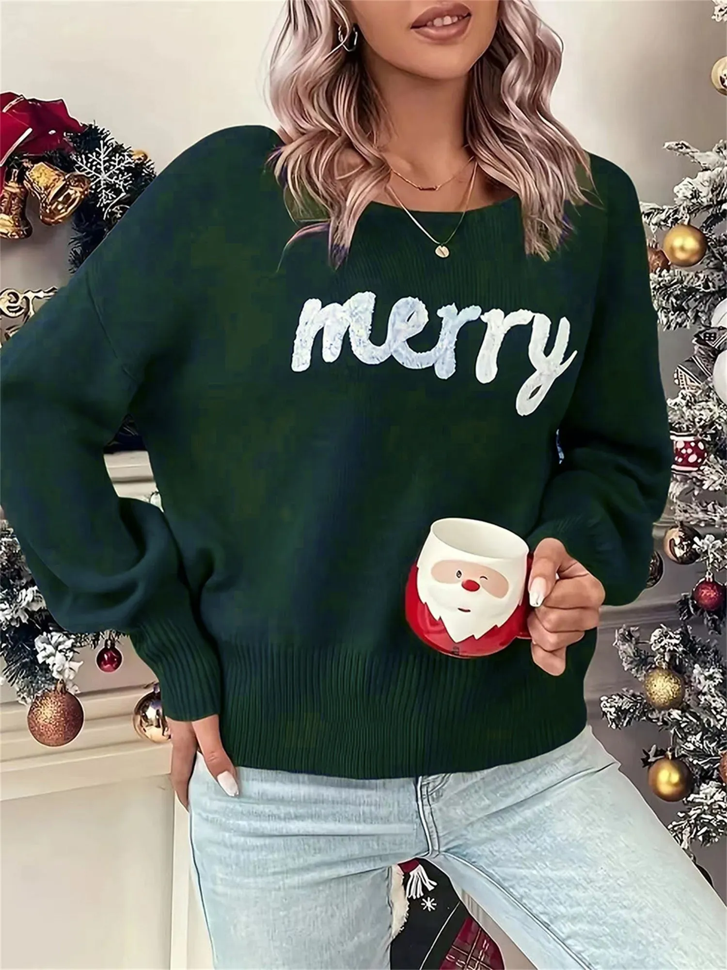 Women Christmas Cute Sweaters Casual Letter Embroidery Comfy Warm Long Sleeve Pullover Basic Knitwear for Streetwear