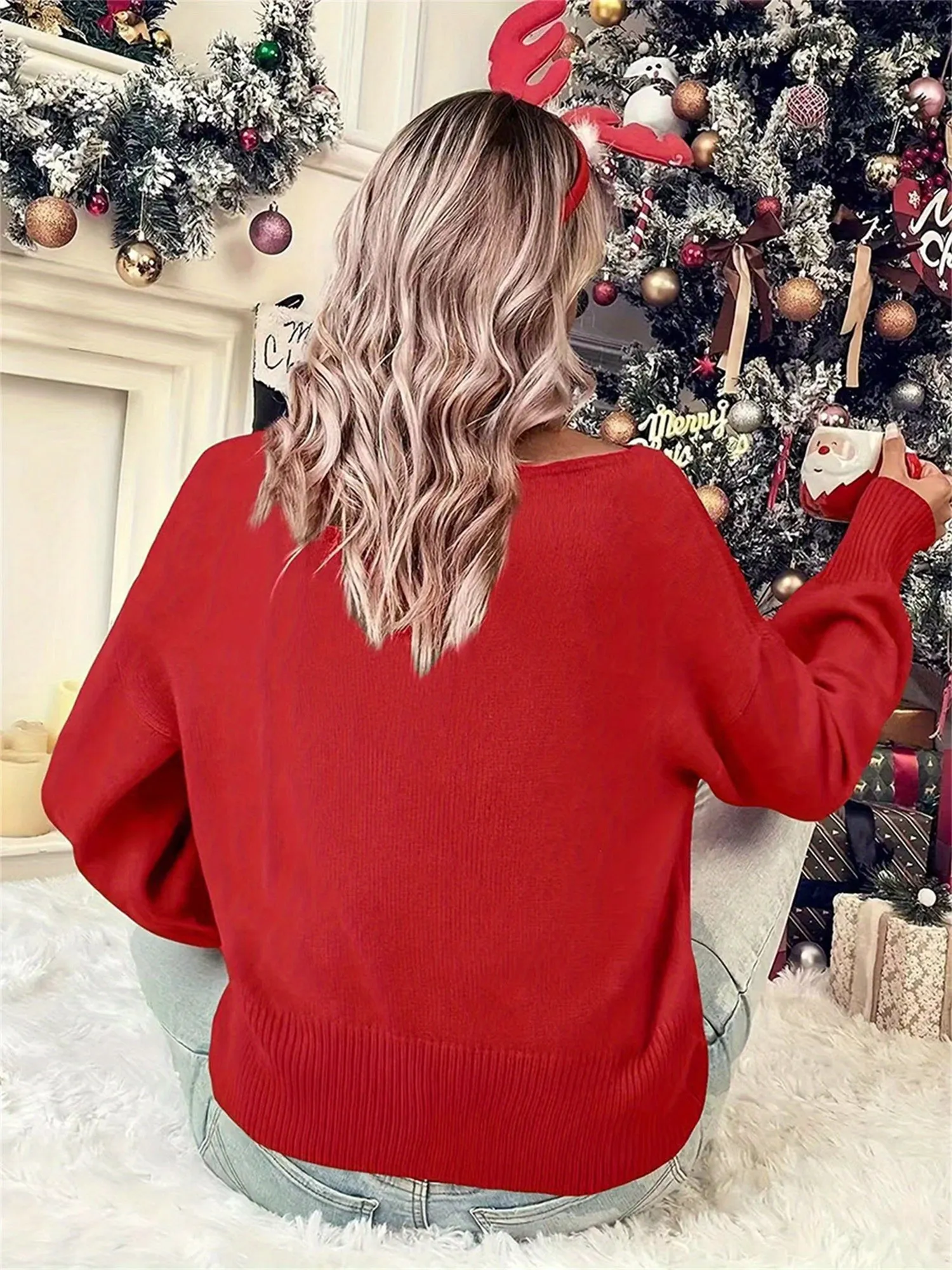 Women Christmas Cute Sweaters Casual Letter Embroidery Comfy Warm Long Sleeve Pullover Basic Knitwear for Streetwear
