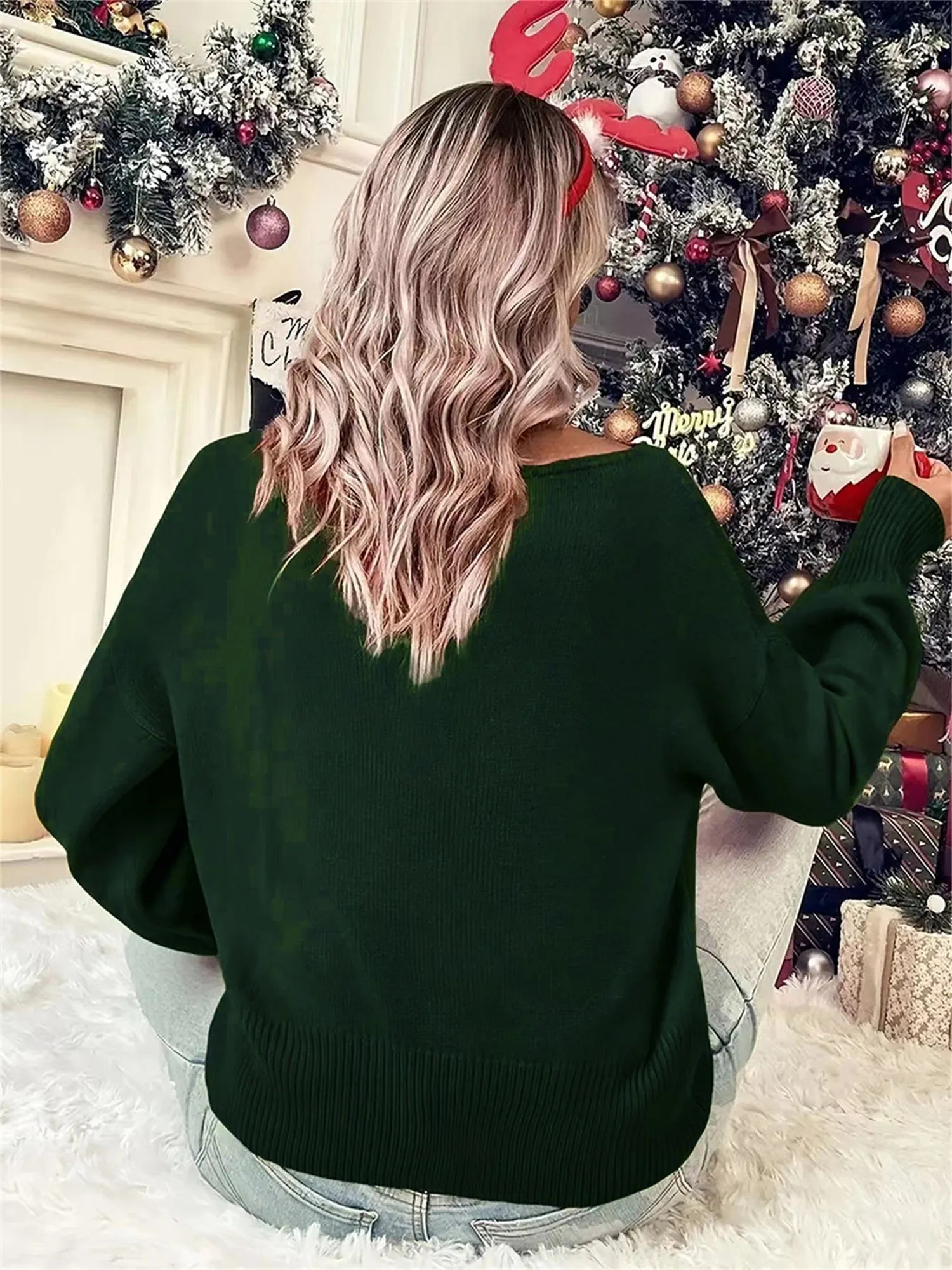 Women Christmas Cute Sweaters Casual Letter Embroidery Comfy Warm Long Sleeve Pullover Basic Knitwear for Streetwear