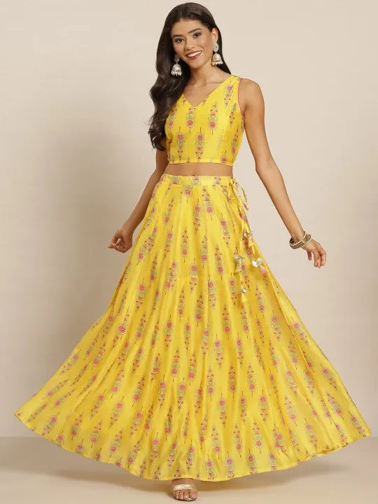 Women Yellow Printed Maxi Flared Skirts