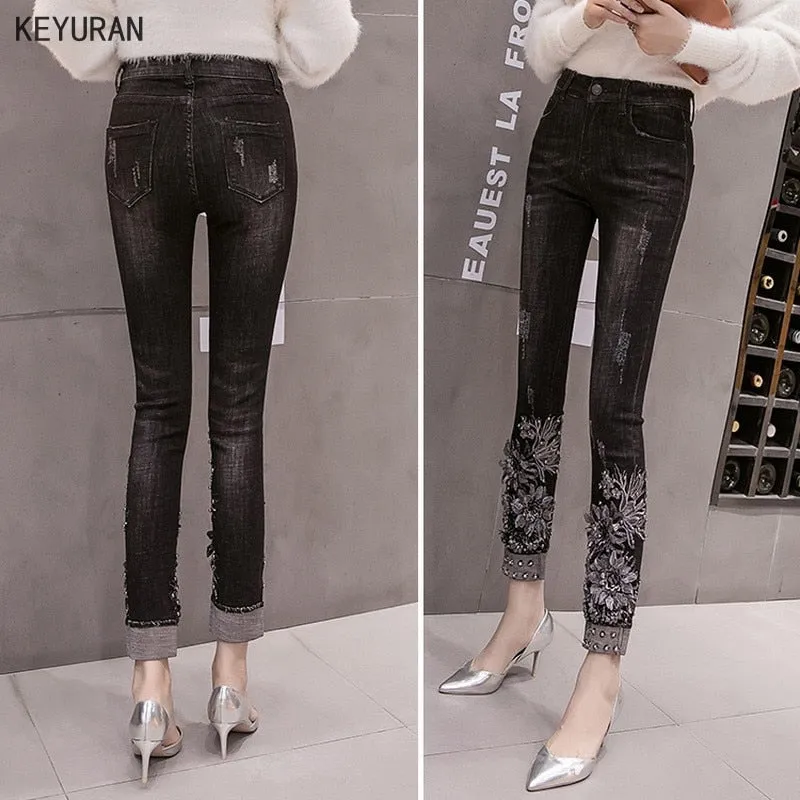 🌷Women's Black Designer Flower Embroidered & Beaded Skinny Jeans..