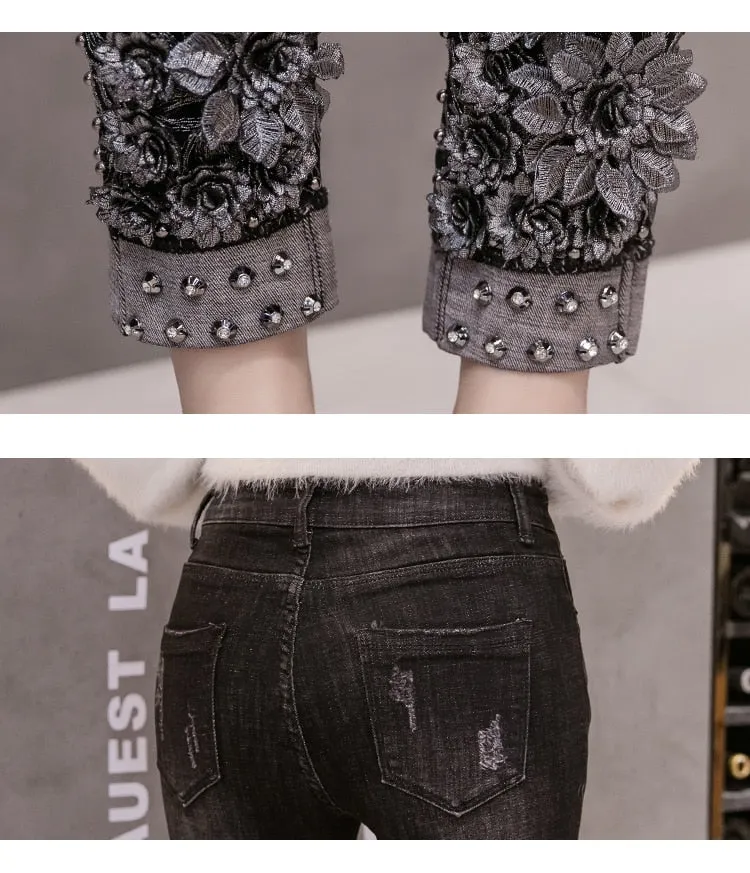 🌷Women's Black Designer Flower Embroidered & Beaded Skinny Jeans..