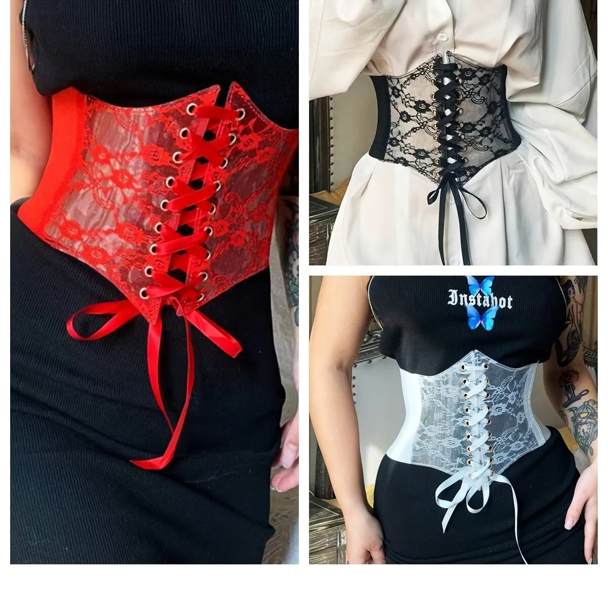 Women's Lace Waist Cincher Faux Leather Elastic Waist Belt