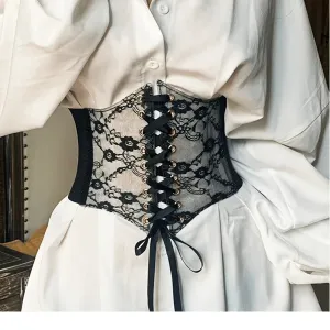 Women's Lace Waist Cincher Faux Leather Elastic Waist Belt