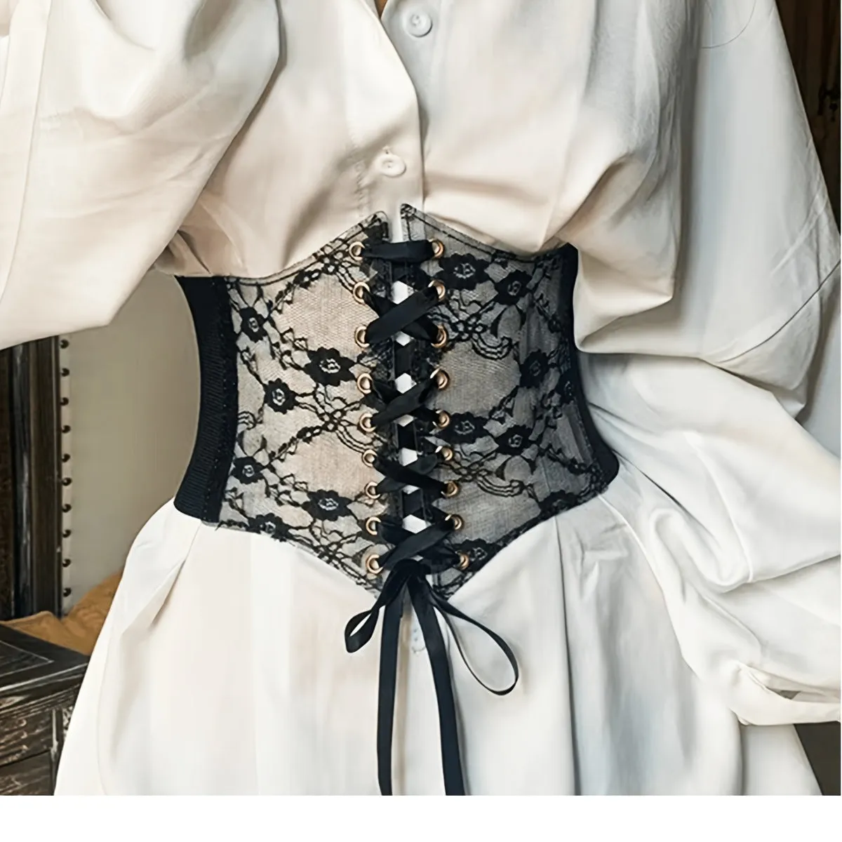 Women's Lace Waist Cincher Faux Leather Elastic Waist Belt