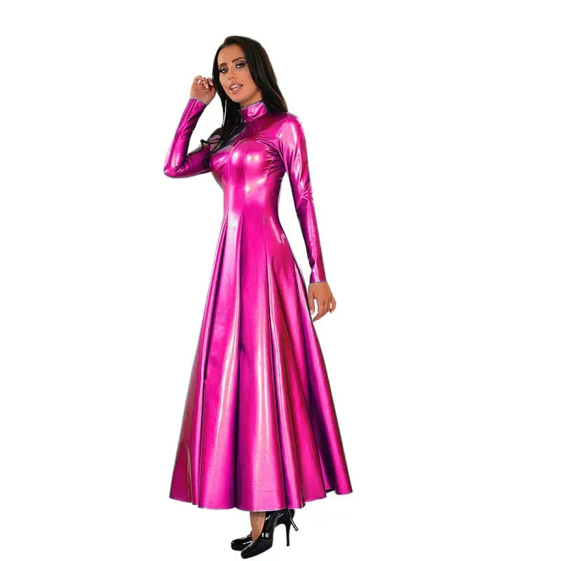 Women's Long Sleeve Faux Leather A-Line Maxi Dress Party Club Fit and Flare Trumpet Mermaid Long Dress Slim Sexy Big Hem