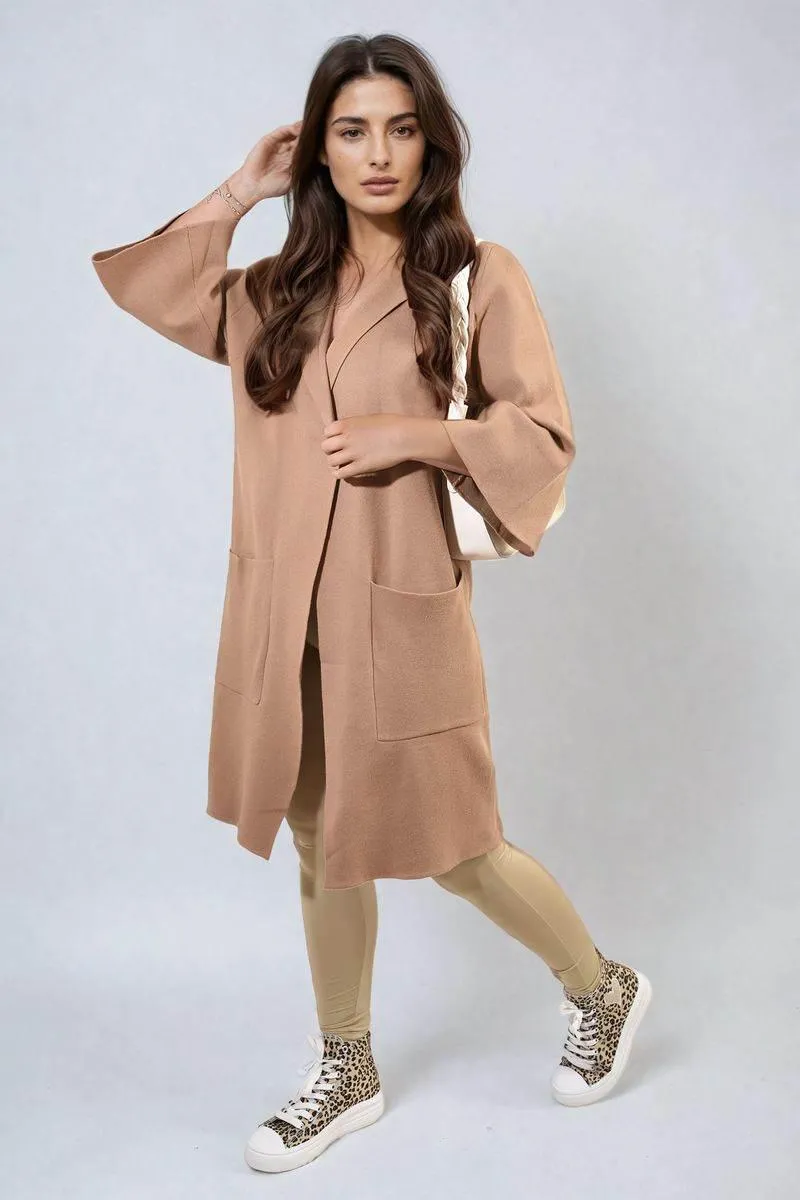 Womens Open Front Longline Knitted Cardigan with Front Pockets