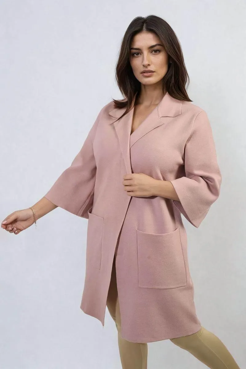 Womens Open Front Longline Knitted Cardigan with Front Pockets