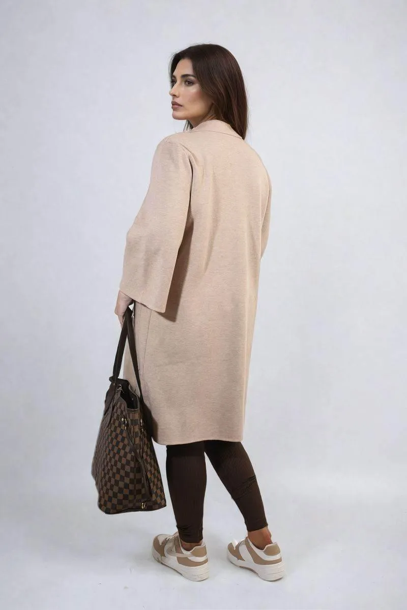 Womens Open Front Longline Knitted Cardigan with Front Pockets