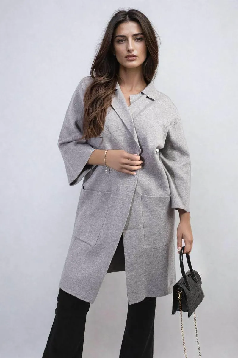 Womens Open Front Longline Knitted Cardigan with Front Pockets