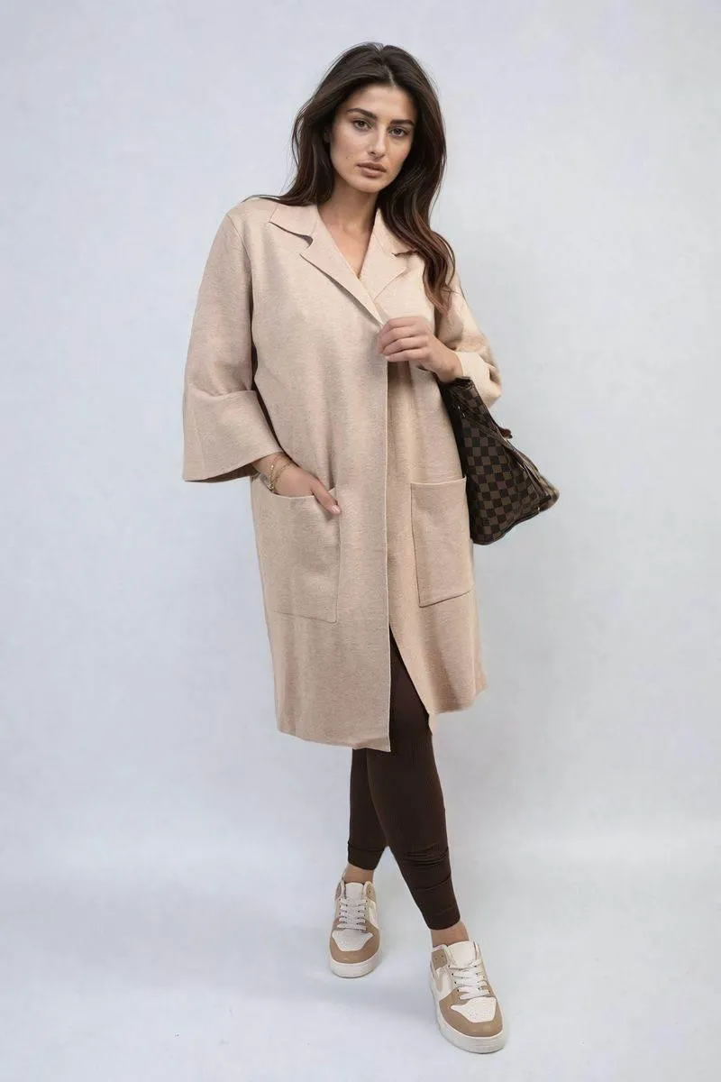 Womens Open Front Longline Knitted Cardigan with Front Pockets