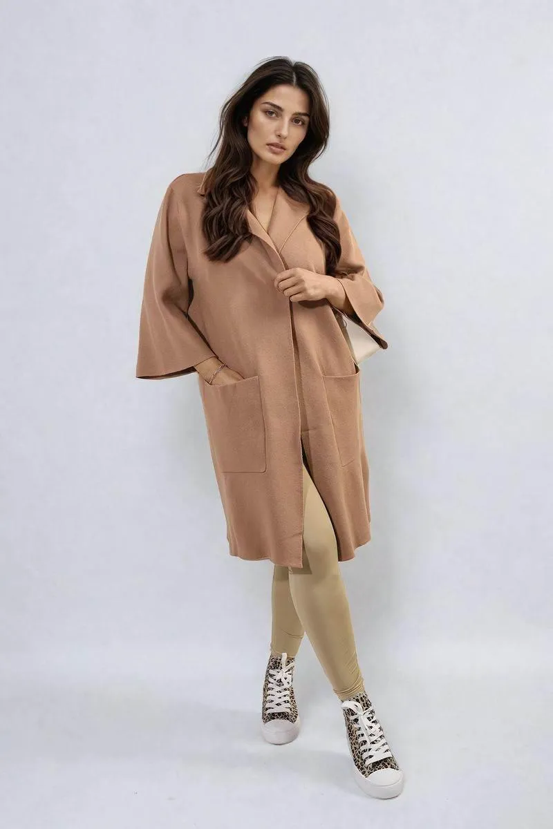 Womens Open Front Longline Knitted Cardigan with Front Pockets