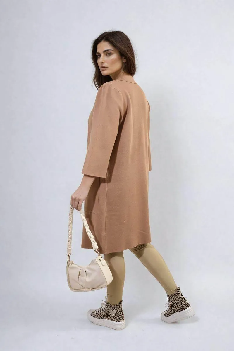 Womens Open Front Longline Knitted Cardigan with Front Pockets