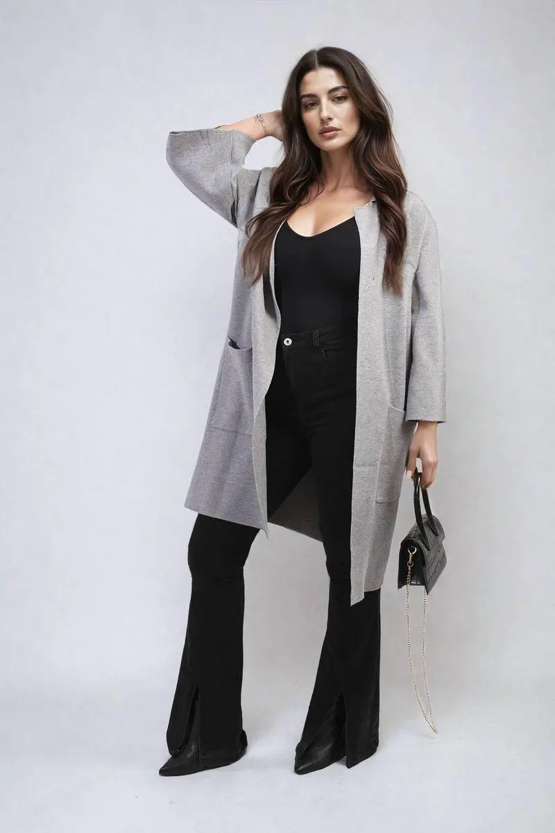 Womens Open Front Longline Knitted Cardigan with Front Pockets