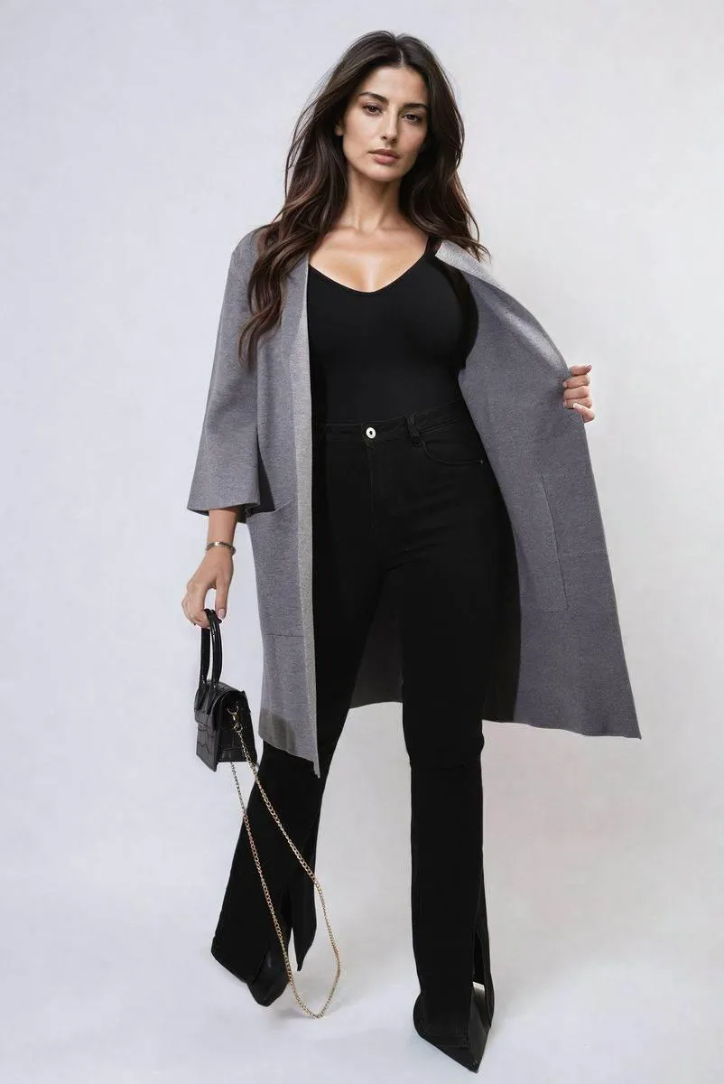 Womens Open Front Longline Knitted Cardigan with Front Pockets