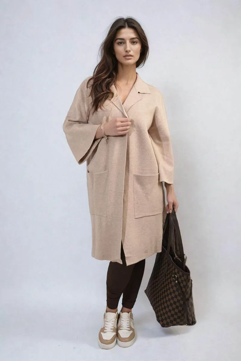 Womens Open Front Longline Knitted Cardigan with Front Pockets