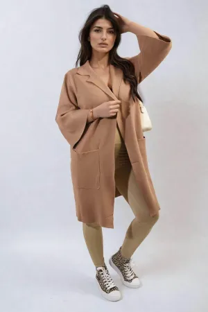 Womens Open Front Longline Knitted Cardigan with Front Pockets