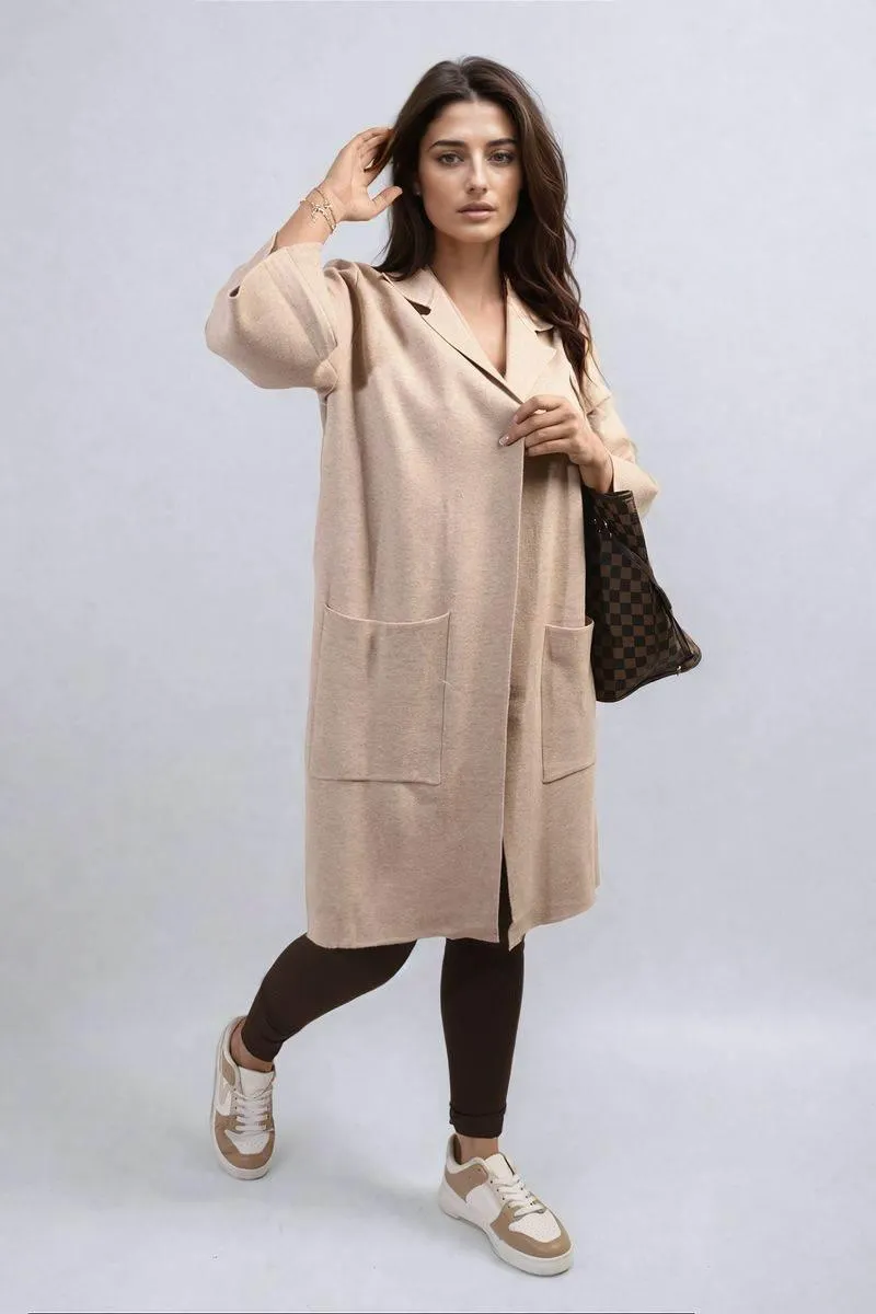 Womens Open Front Longline Knitted Cardigan with Front Pockets