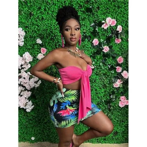 Women's Two-Piece Set Includes Pink Wrap Crop Top And Tropical Print Mini Skirt