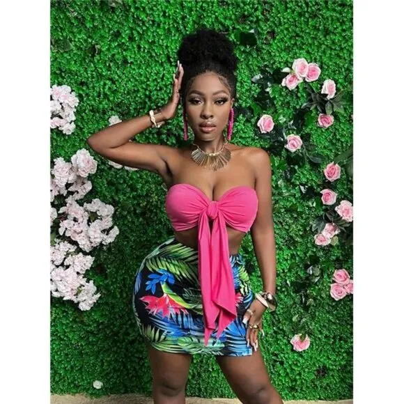 Women's Two-Piece Set Includes Pink Wrap Crop Top And Tropical Print Mini Skirt