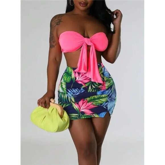 Women's Two-Piece Set Includes Pink Wrap Crop Top And Tropical Print Mini Skirt