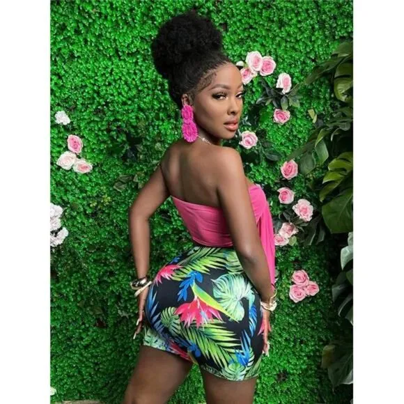 Women's Two-Piece Set Includes Pink Wrap Crop Top And Tropical Print Mini Skirt